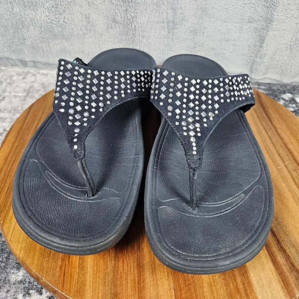 FitFlop Novy Navy Studded Thong Flip Flop Wedge Slip On Women Sandal Size 8